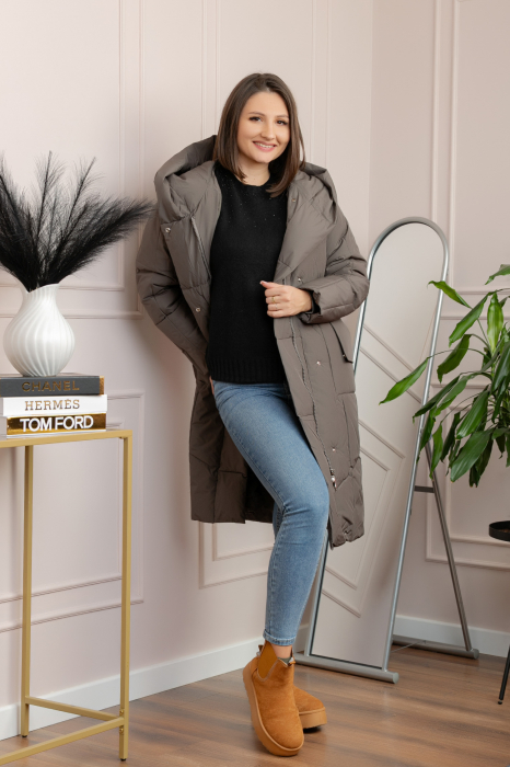 Geaca lunga matlasata din fas Kathy cu cordon in talie - Kaki [4]