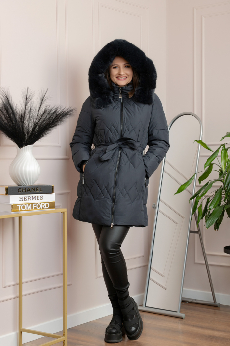 Geaca lunga matlasata din fas Valerie cu gluga detasabila si cordon - Bleumarin [4]