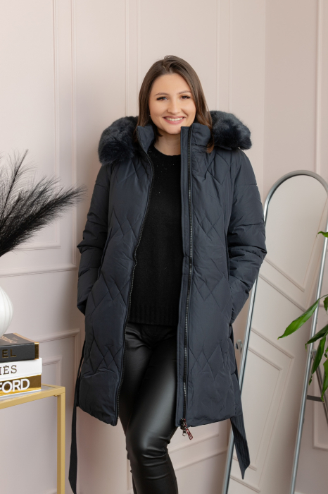 Geaca lunga matlasata din fas Valerie cu gluga detasabila si cordon - Bleumarin [3]