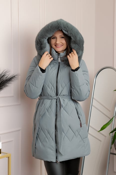 Geaca lunga matlasata din fas Valerie cu gluga detasabila si cordon - Gri albastrui [1]