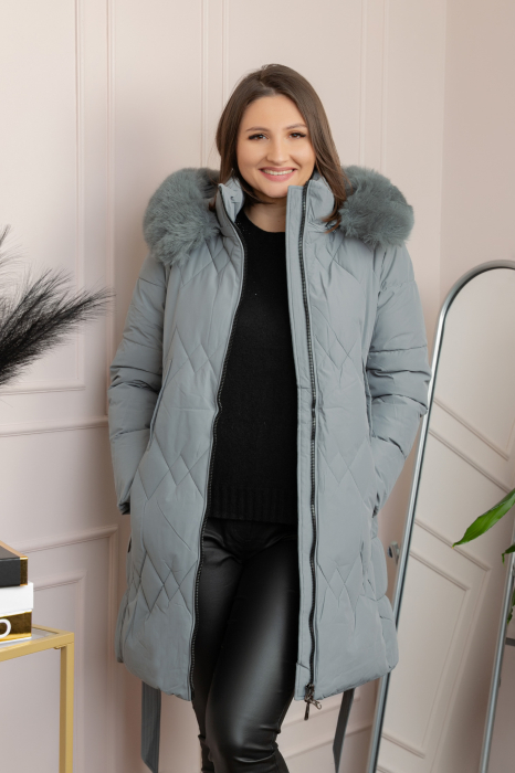 Geaca lunga matlasata din fas Valerie cu gluga detasabila si cordon - Gri albastrui [3]