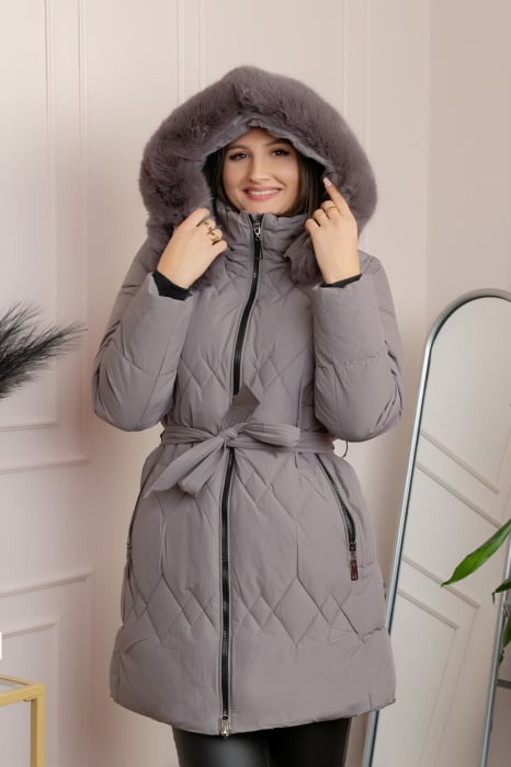 Geaca lunga matlasata din fas Valerie cu gluga detasabila si cordon - Gri lavanda [1]