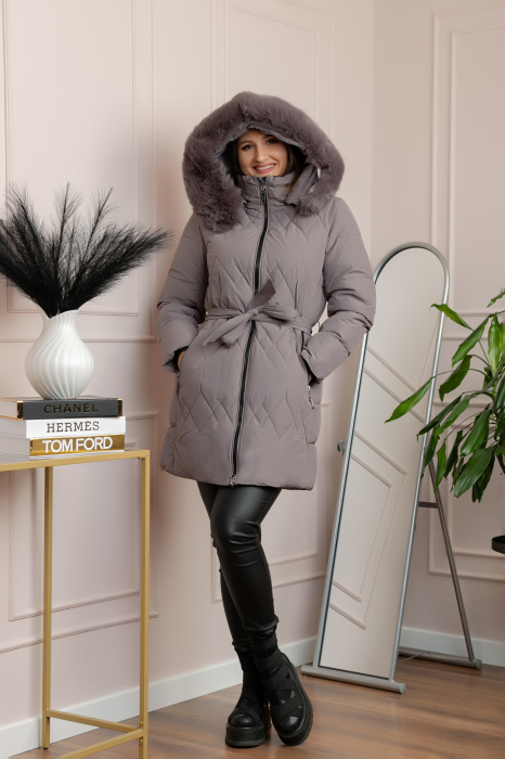 Geaca lunga matlasata din fas Valerie cu gluga detasabila si cordon - Gri lavanda [4]