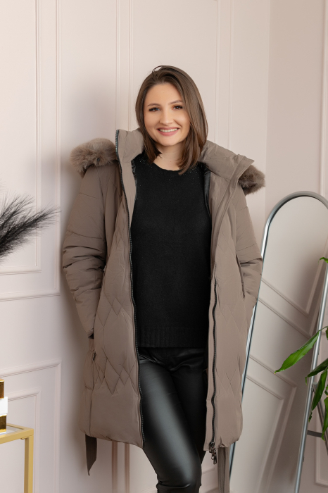 Geaca lunga matlasata din fas Valerie cu gluga detasabila si cordon - Maro [3]