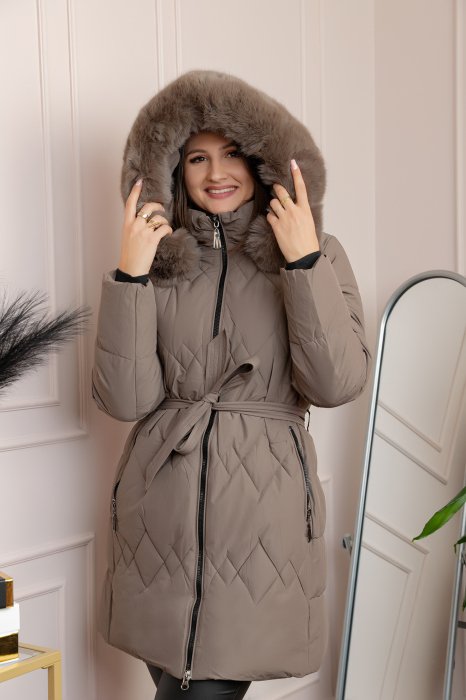 Geaca lunga matlasata din fas Valerie cu gluga detasabila si cordon - Maro [1]