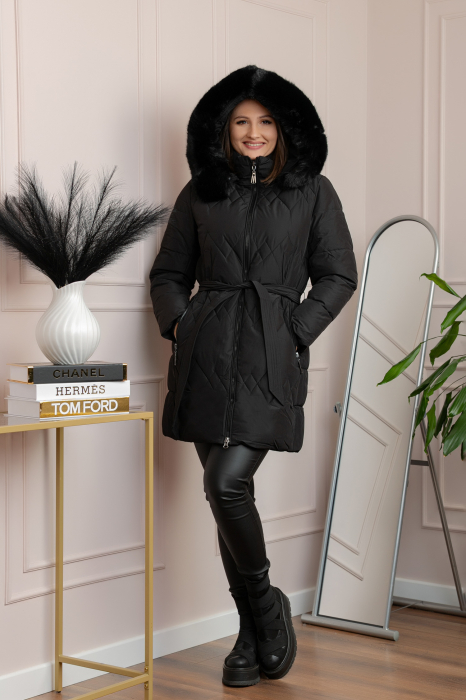 Geaca lunga matlasata din fas Valerie cu gluga detasabila si cordon - Negru [4]