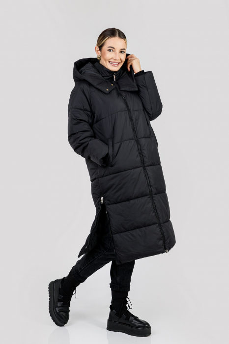 Geaca lunga neagra cu gluga si buzunare functionale [4]