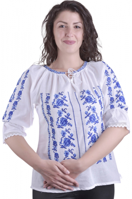 Ie traditionala alba cu motiv floral albastru Letitia [1]