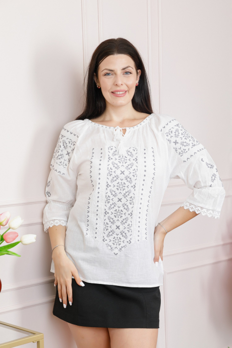 Ie traditionala alba cu motiv floral argintiu Mira [3]