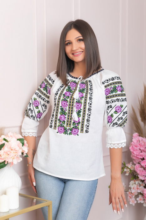 Ie traditionala alba cu motiv floral mov Clementina 03 [3]