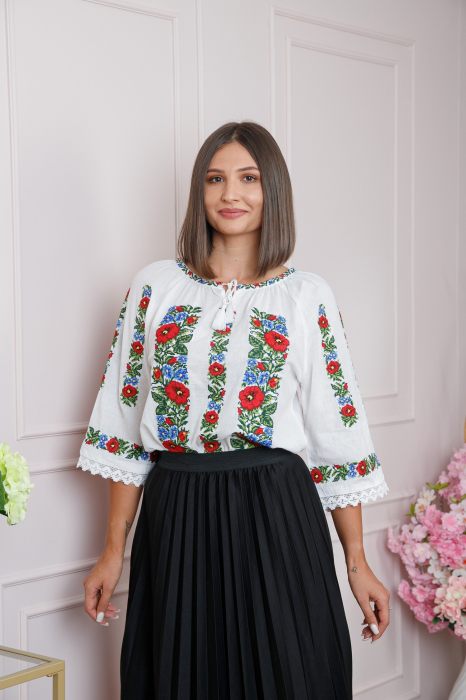 Ie traditionala alba cu motiv floral multicolor Florentina [3]