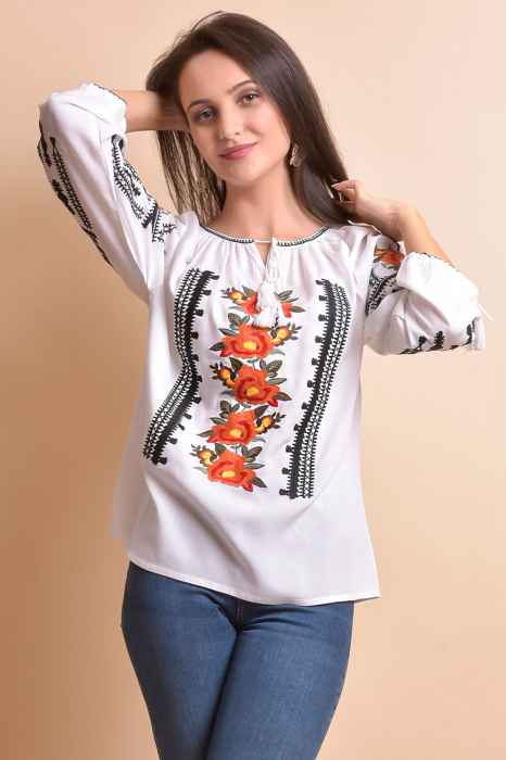 Ie traditionala alba cu motiv floral portocaliu Margareta [6]