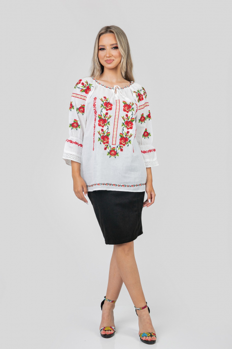 Ie traditionala alba cu motiv floral rosu Alessia [4]