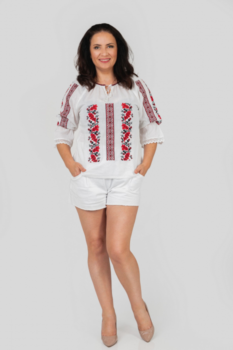 Ie traditionala alba cu motiv floral rosu Amira [4]