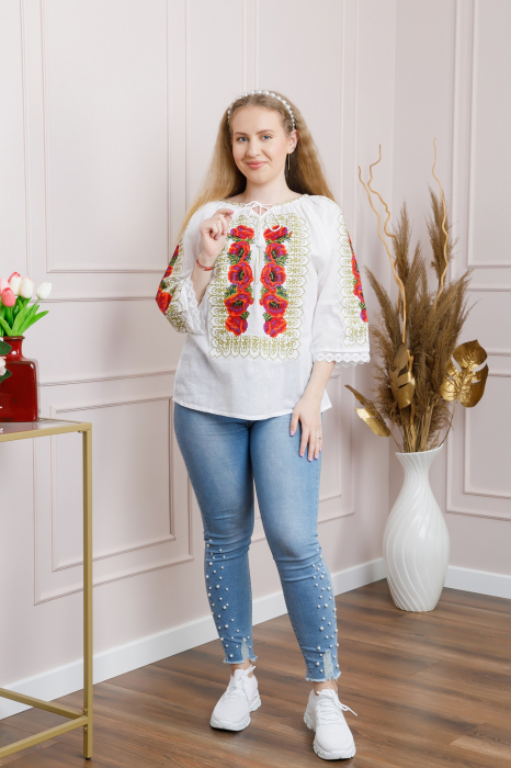 Ie traditionala alba cu motiv floral rosu Anda [4]