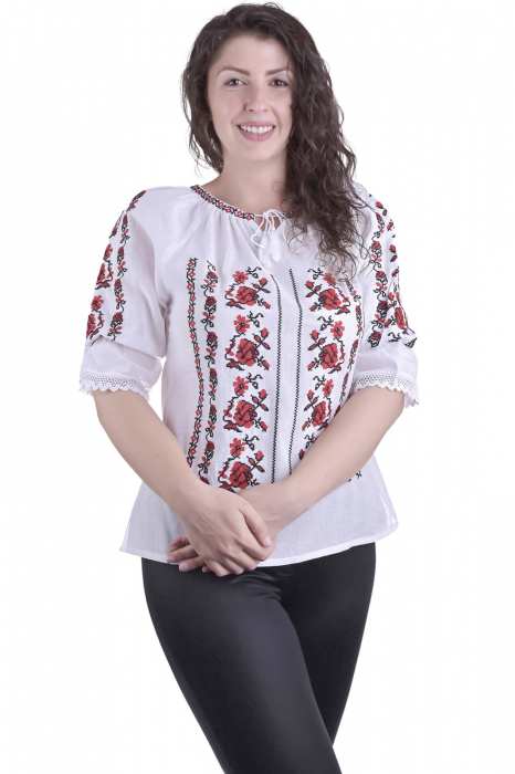 Ie traditionala alba cu motiv floral rosu Carolina 01 [4]