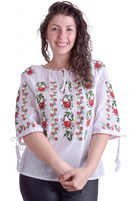 Ie traditionala alba cu motiv floral rosu Floriana [4]