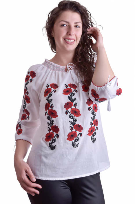 Ie traditionala alba cu motiv floral rosu Iuliana [4]