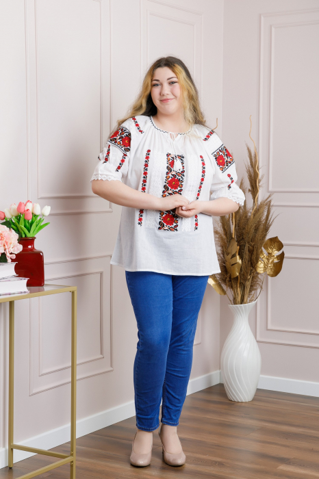 Ie traditionala alba cu motiv floral rosu Mihaela 03