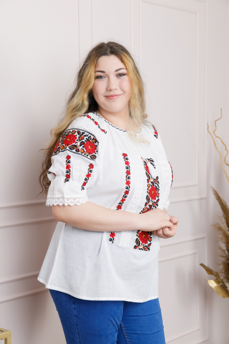 Ie traditionala alba cu motiv floral rosu Mihaela 03 [3]