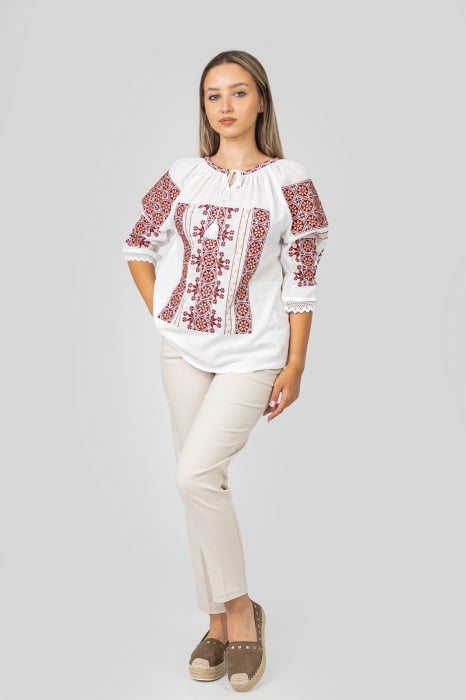 Ie traditionala alba cu motiv floral rosu Sanziana 01 [4]