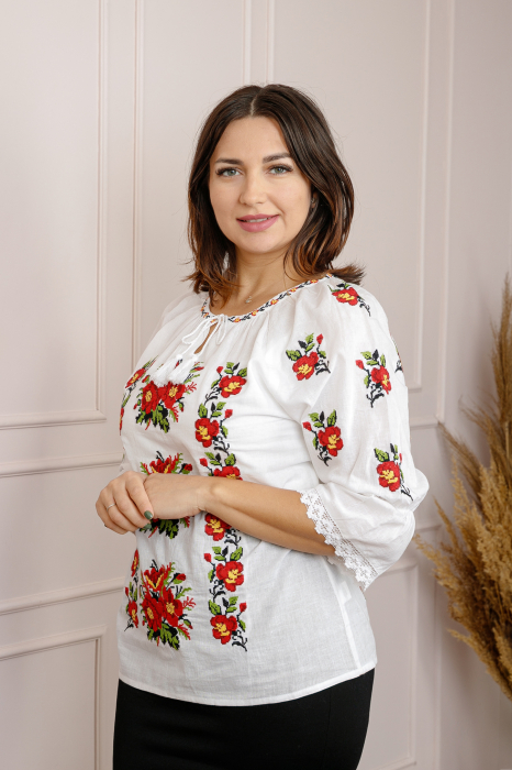 Ie traditionala alba cu motiv floral rosu Sofia 01 [3]
