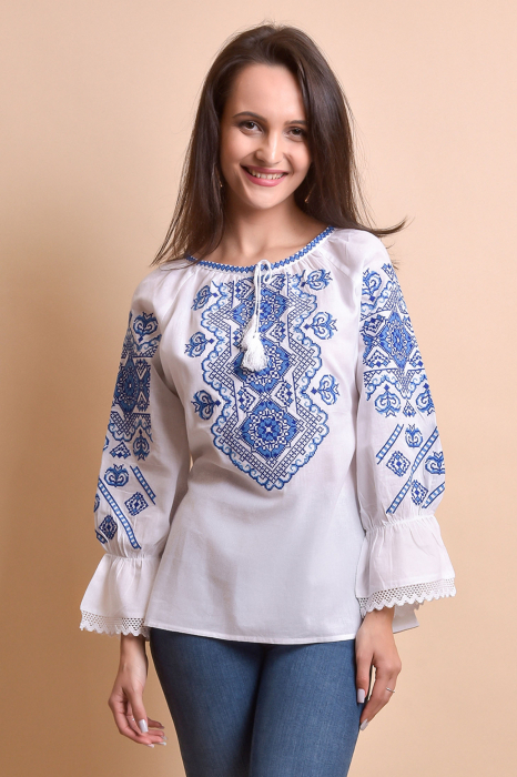 Ie traditionala alba cu motiv geometric albastru Ligia 03 [7]