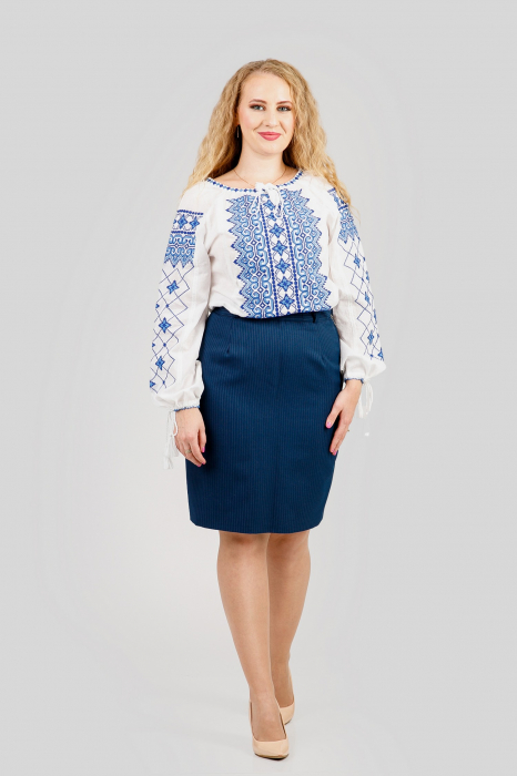 Ie traditionala alba cu motiv geometric albastru Luiza 03 [4]