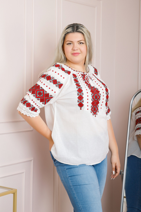 Ie traditionala alba cu motiv geometric rosu Ernestina 03 [7]