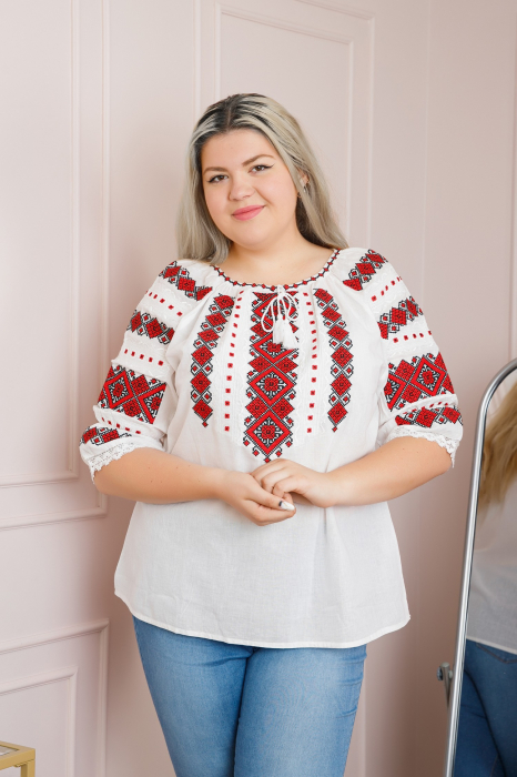 Ie traditionala alba cu motiv geometric rosu Ernestina 03 [5]