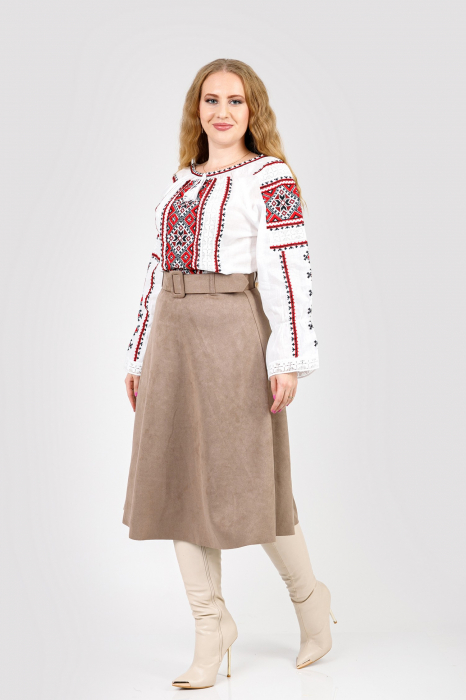 Ie traditionala alba cu motiv geometric rosu Paraschiva 05 - maneca lunga [4]