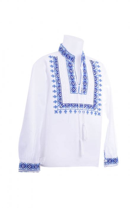 Camasa traditionala de baieti alba cu motiv geometric albastru Florian [2]