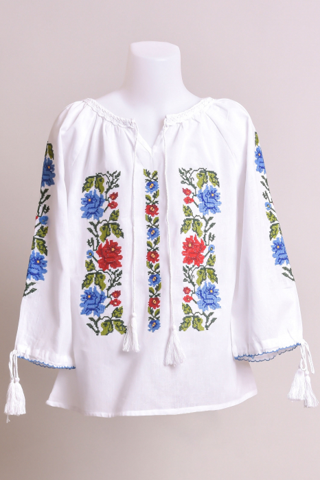 Ie traditionala alba pentru fetite cu motiv floral multicolor Anne