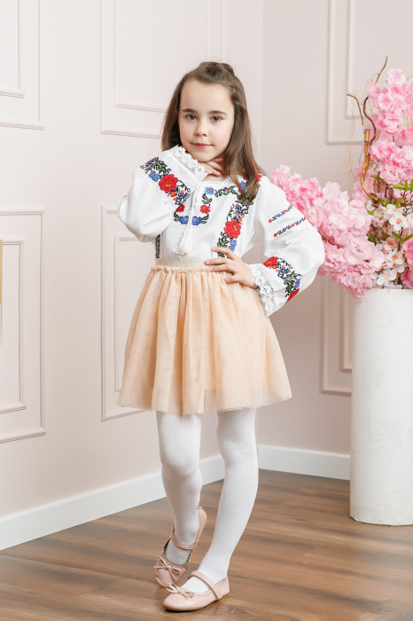 Ie traditionala alba pentru fetite cu motiv floral multicolor Clarisa [3]