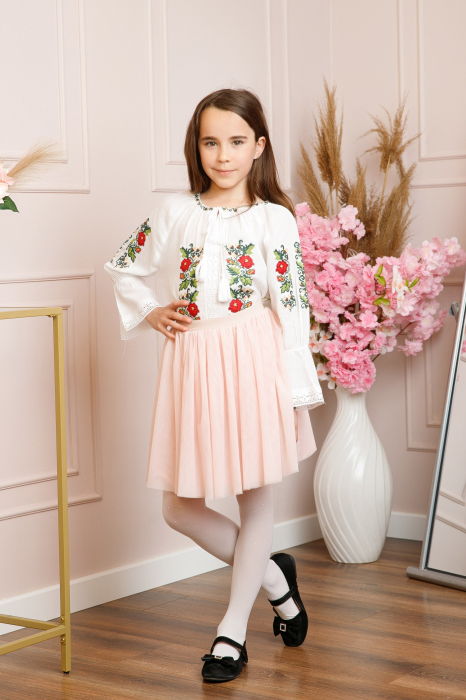 Ie traditionala alba pentru fetite cu motiv floral rosu Anabela [4]