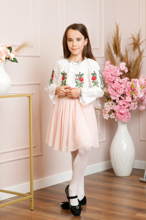 Ie traditionala alba pentru fetite cu motiv floral rosu Anabela [3]