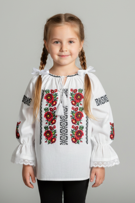 Ie traditionala alba pentru fetite cu motiv floral rosu Aniela [1]