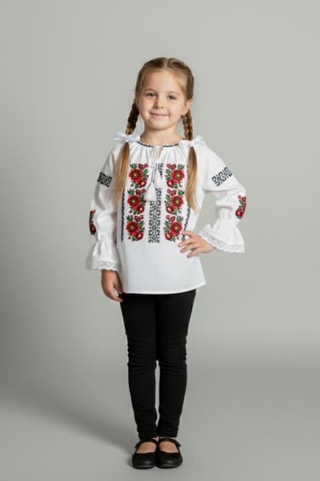 Ie traditionala alba pentru fetite cu motiv floral rosu Aniela [2]