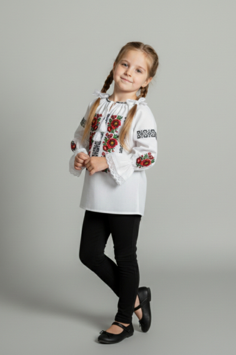 Ie traditionala alba pentru fetite cu motiv floral rosu Aniela [3]