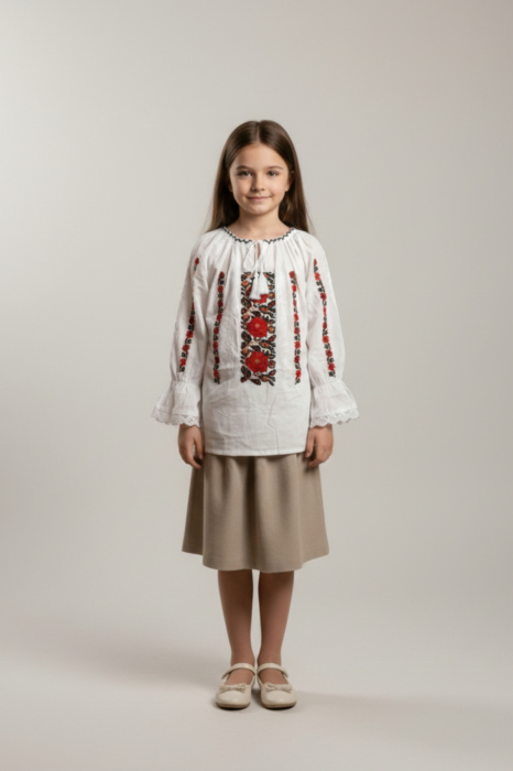 Ie traditionala alba pentru fetite cu motiv floral rosu Carmen [2]