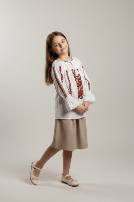 Ie traditionala alba pentru fetite cu motiv floral rosu Carmen [4]