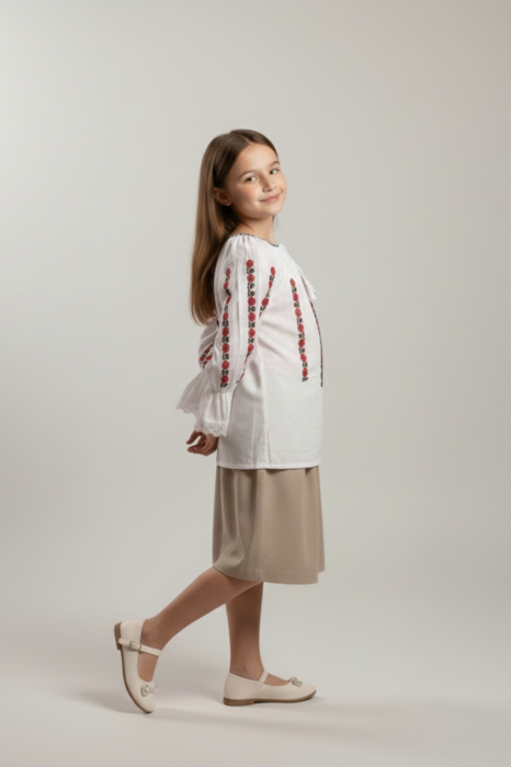 Ie traditionala alba pentru fetite cu motiv floral rosu Carmen [3]