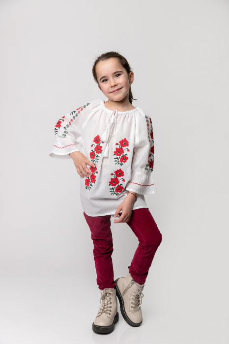 Ie traditionala alba pentru fetite cu motiv floral rosu Mara [2]