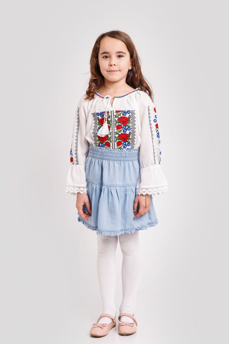 Ie traditionala alba pentru fetite cu motiv floral rosu Rozalia [4]