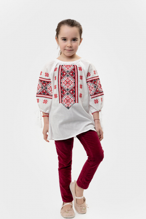 Ie traditionala alba pentru fetite cu motiv geometric rosu Gabriela [4]
