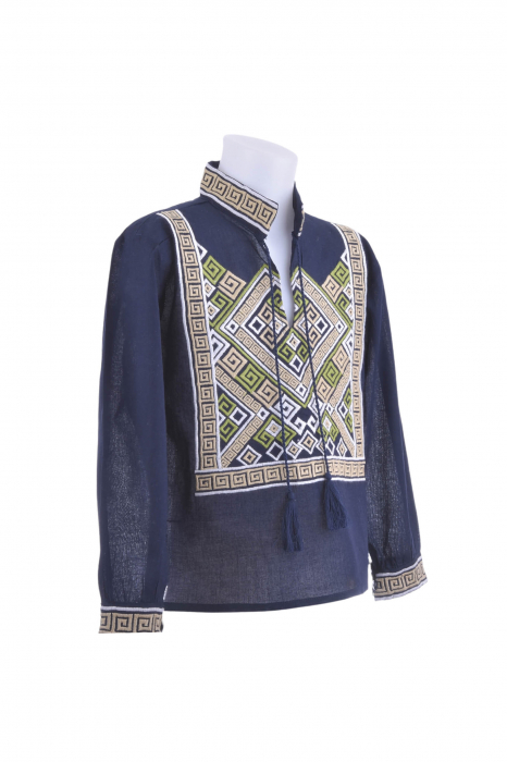 Camasa traditionala de baieti albastra cu motiv geometric multicolor Rares 02 [2]