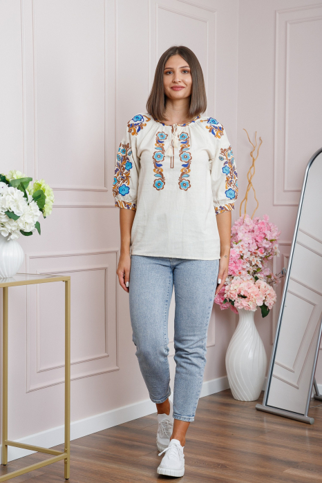 Ie traditionala crem cu motiv floral albastru Felicia 02 [4]