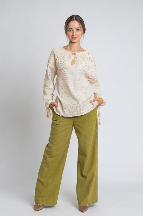 Ie traditionala crem cu motiv floral auriu Codrina 01 [3]