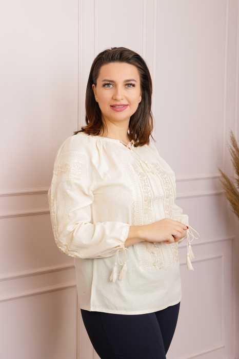 Ie traditionala crem cu motiv geometric auriu Estera 02 - maneca lunga [3]