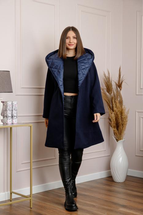 Palton dama elegant bleumarin cu gluga captusita [4]